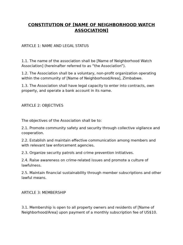 Neighborhood Watch Association Constitution | PDF | Committee | Justice