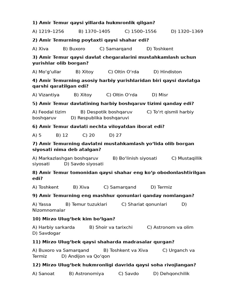 8 Sinf O'Zbekiston Tarixi 3 Chorak Test | PDF