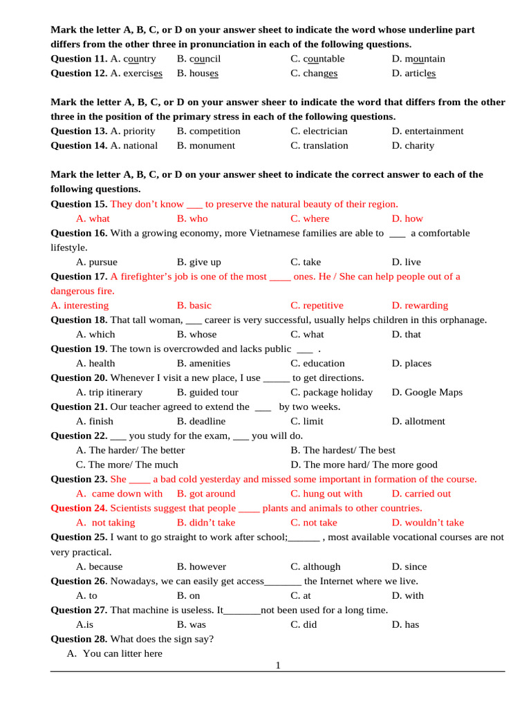 Pronunciation and Stress Practice Questions | PDF