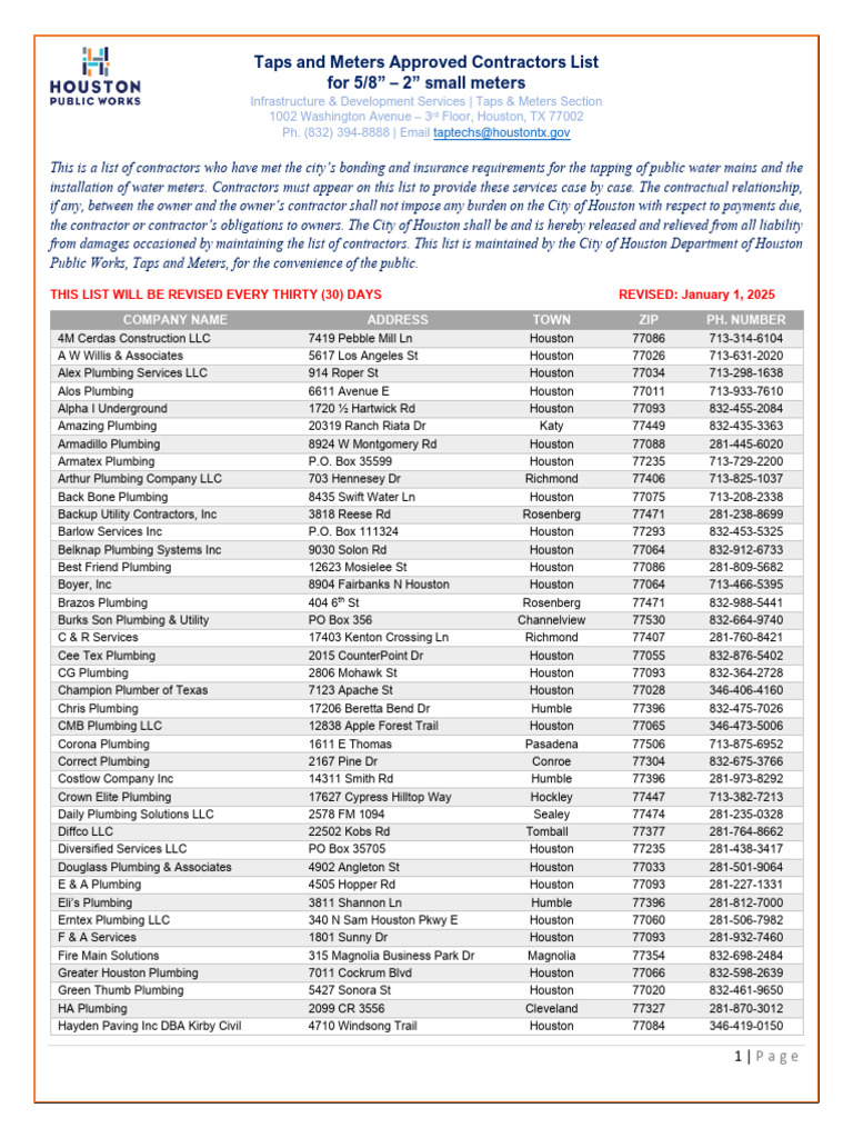 Houston Approved Plumbing Contractors List | PDF | Plumbing