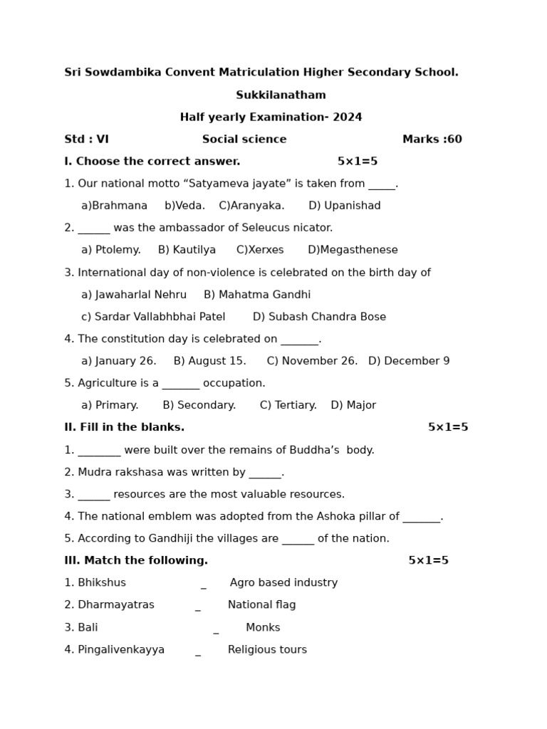 2024 Half Yearly Exam Paper - Social Science | PDF | Indian Religions ...