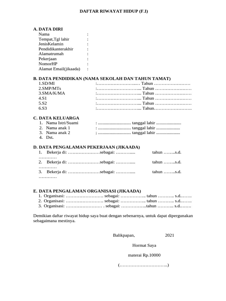 Contoh Daftar Riwayat Hidup Lengkap | PDF