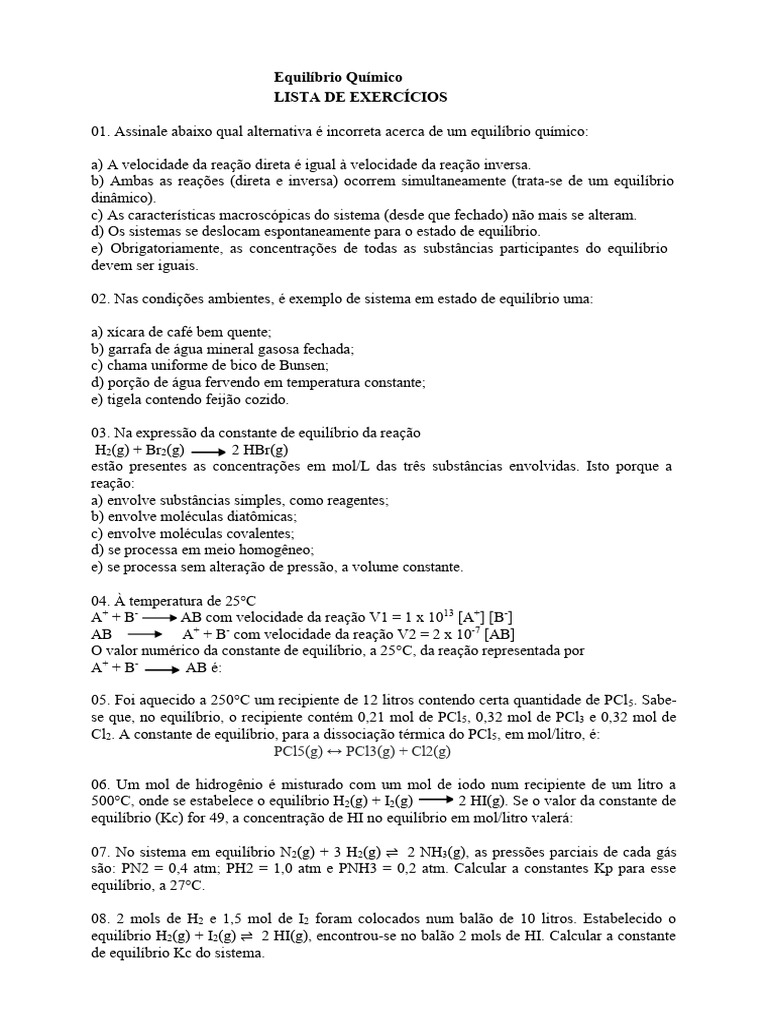 Exercícios sobre Equilíbrio Químico | PDF | Equilíbrio químico ...