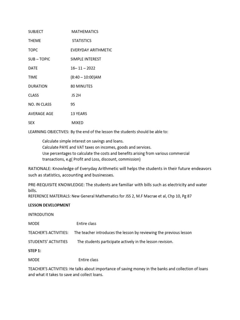 Simple Interest Lesson Plan for JS 2H | PDF | Interest | Teachers
