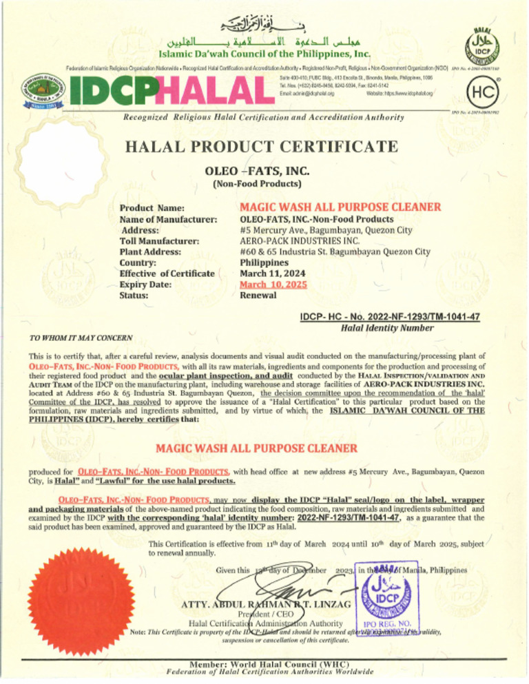 2024 Halal Certificate - Magic Wash - All Purpose Cleaner | PDF