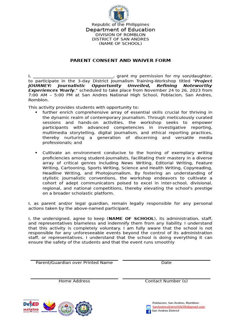 PARENT CONSENT AND WAIVER FORM For District Training | PDF | Human ...