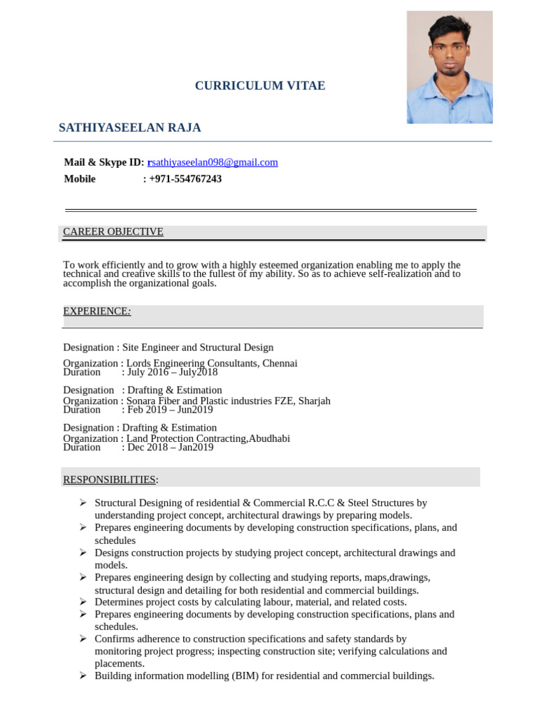 Structural Engineer CV of Sathiyaseelan | PDF | Building Information ...