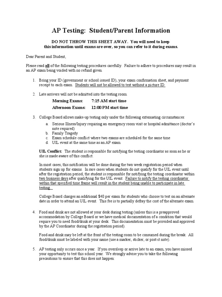 AP Testing Handout 2012 | PDF | Wellness