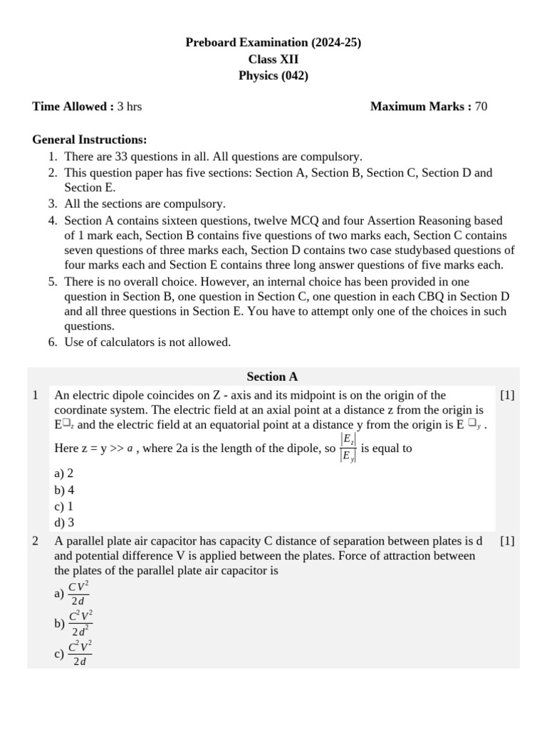 Class XII Physics Preboard Exam 2024-25 | PDF | Dipole | Electron
