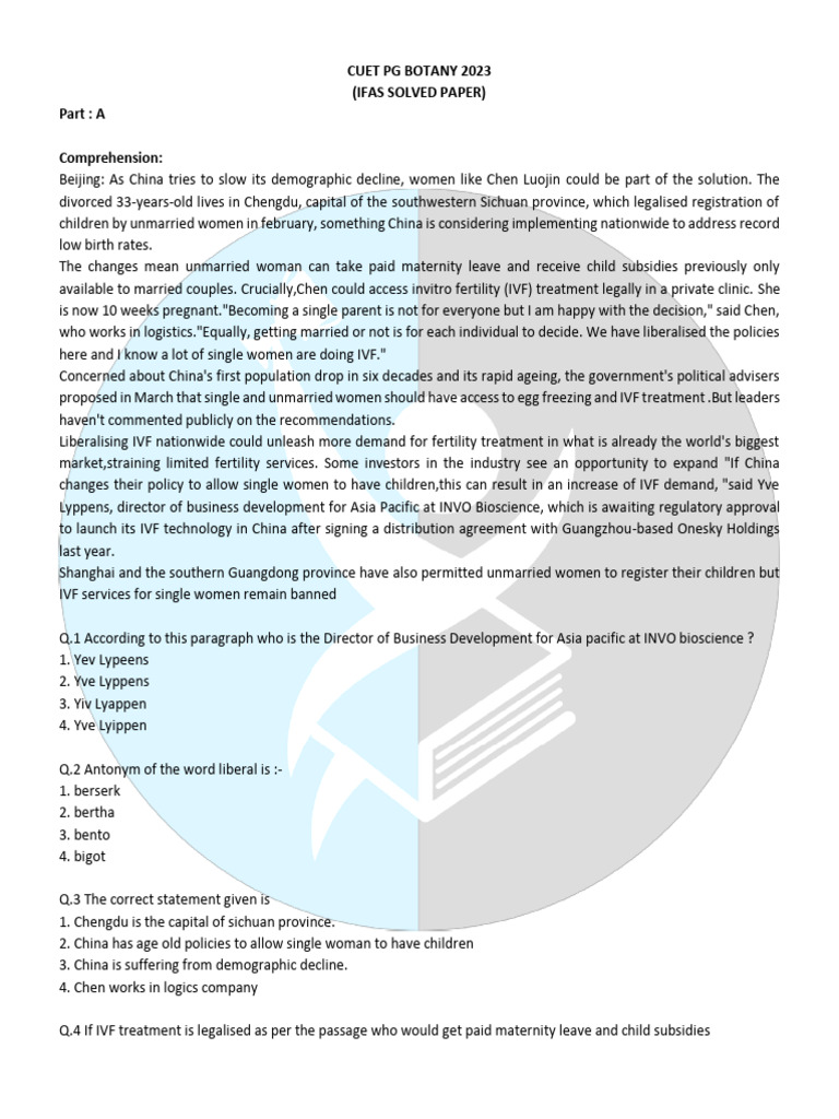 CUET PG Botany Question Paper 2023 | PDF | Cell Wall | In Vitro ...