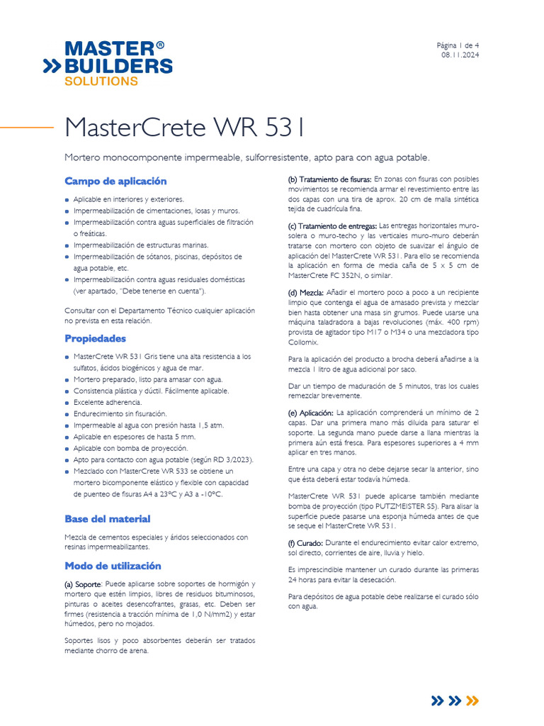 MasterCrete WR 531: Mortero Impermeable | PDF | Agua | Hormigón