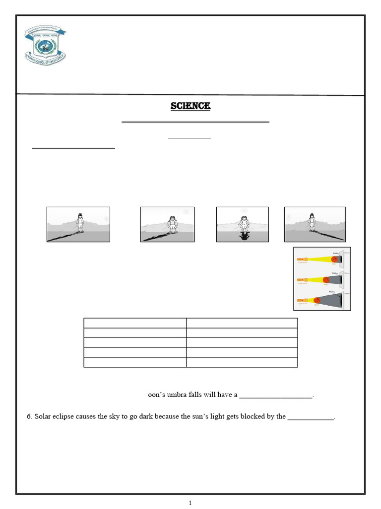 Class V Science: Light and Shadow Test | PDF | Eclipse | Shadow