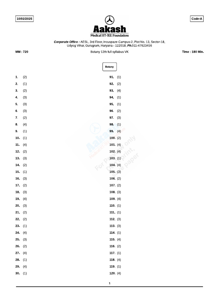 Botany 12th Full Syllabus ANSWER KEY AIM 720 | PDF