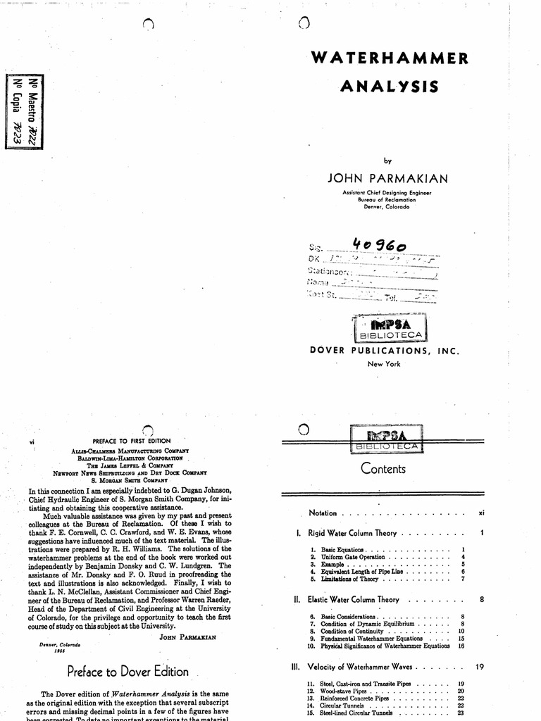 Water Hammer Analysis by J. Parmakian | PDF