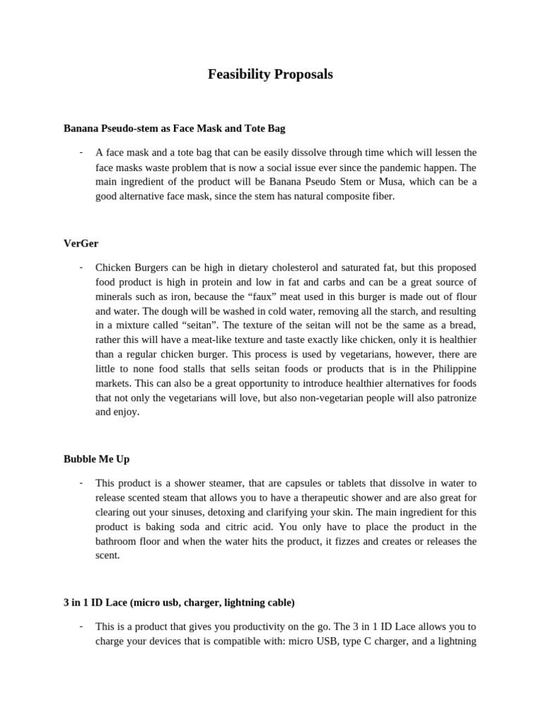 Feasibility Proposals | PDF | Foods