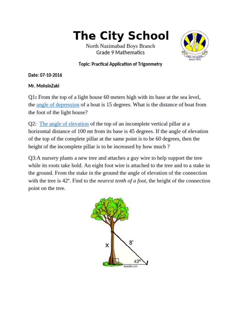 Trigonometry Applications for Grade 9 | PDF
