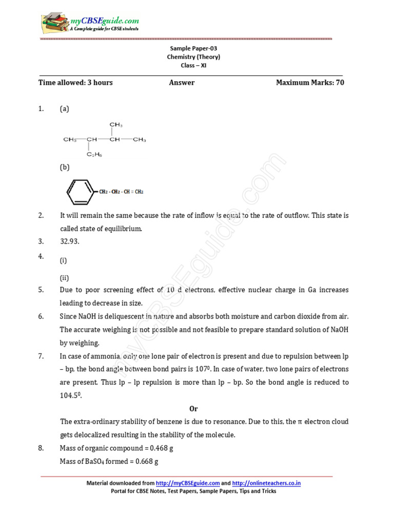 Class XI Chemistry Sample Paper 03 | PDF | Chemical Bond | Ion