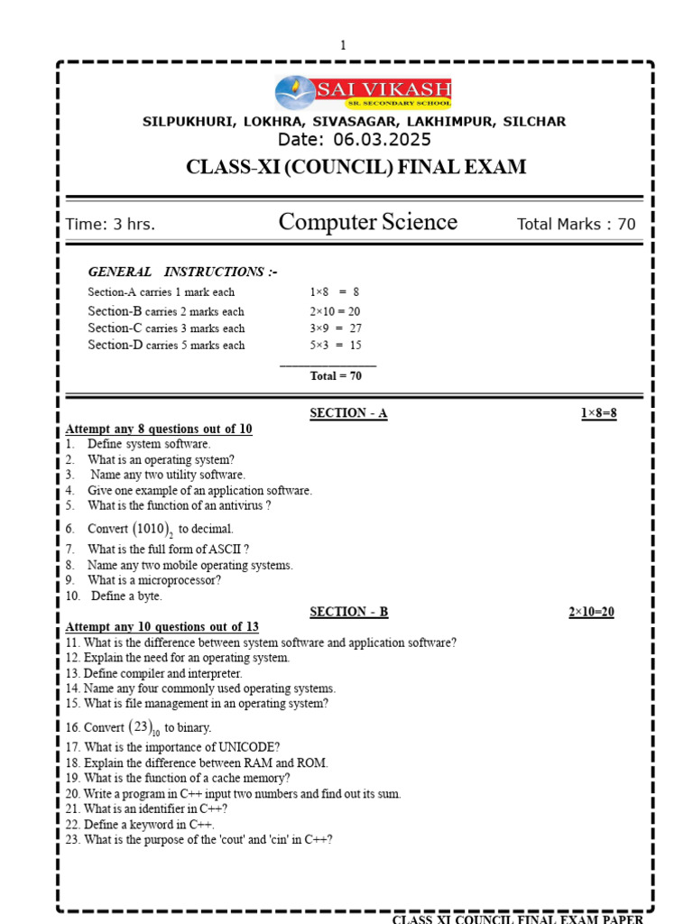Class XI Computer Science Exam Paper | PDF | Computer Program | Programming