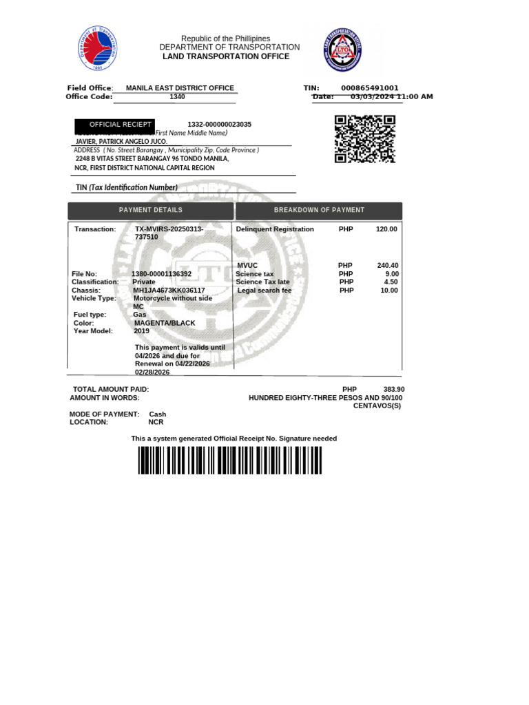Official Receipt for Vehicle Registration | PDF