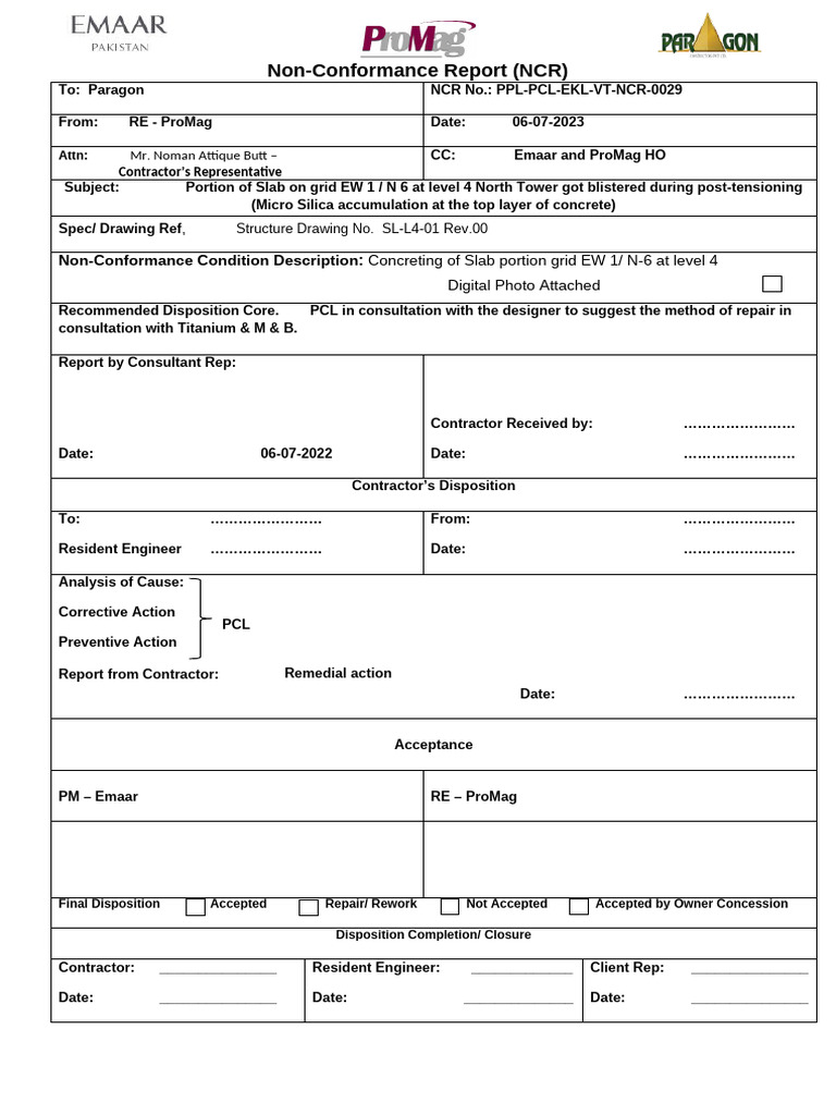 Non-Conformance Report for Slab Blistering | PDF