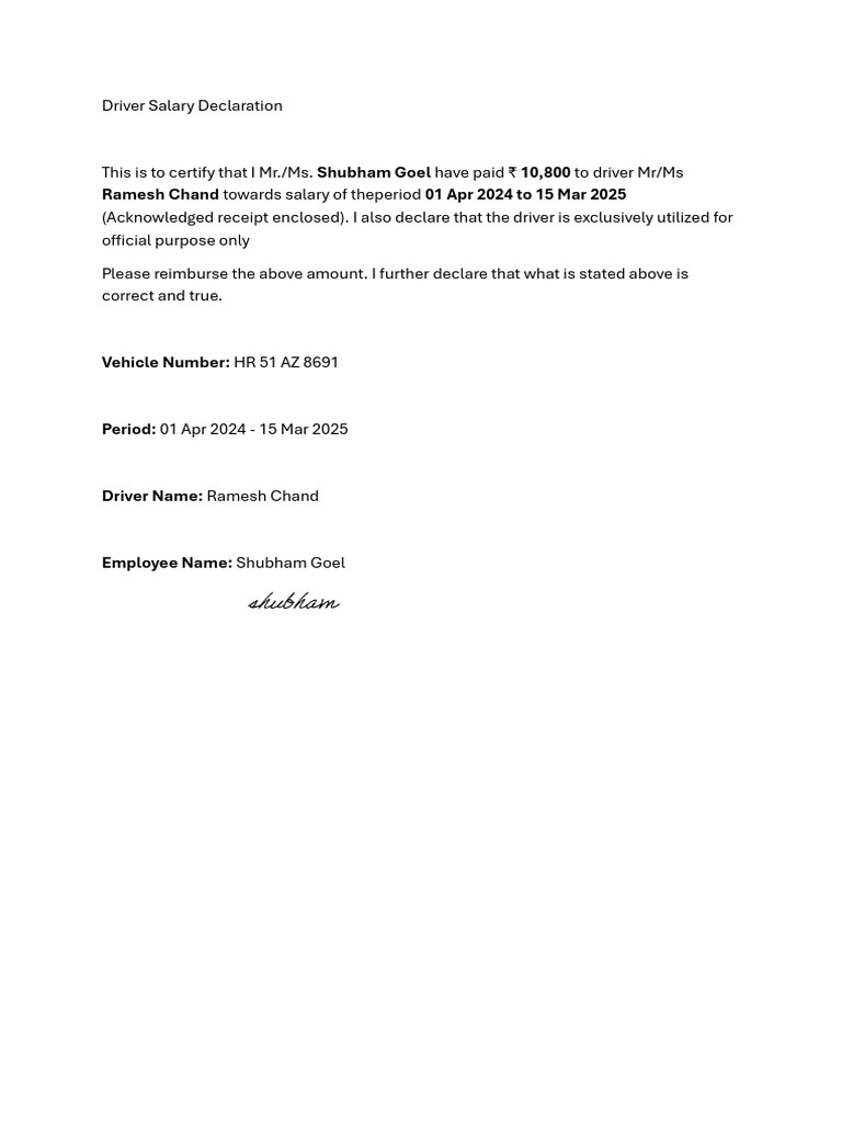 Driver Salary Declaration for Reimbursement | PDF