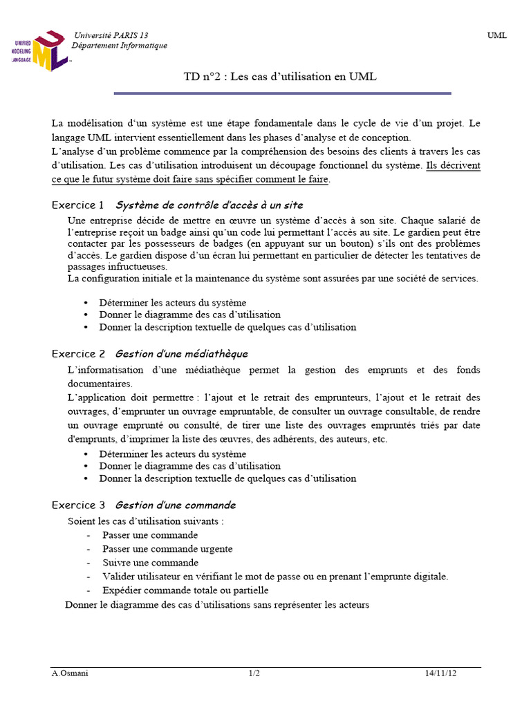 Cas d'utilisation en UML - TD2 | PDF | Cas d'utilisation | Langage de ...