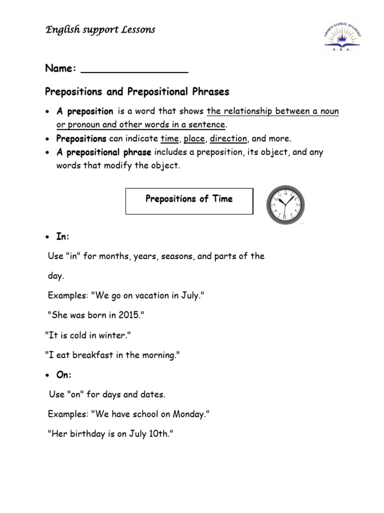 Prepositions And Phrases Lesson Guide Pdf