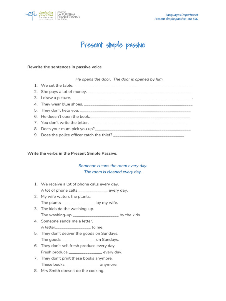 Present Simple Passive Exercises | PDF | Language Mechanics | Language ...