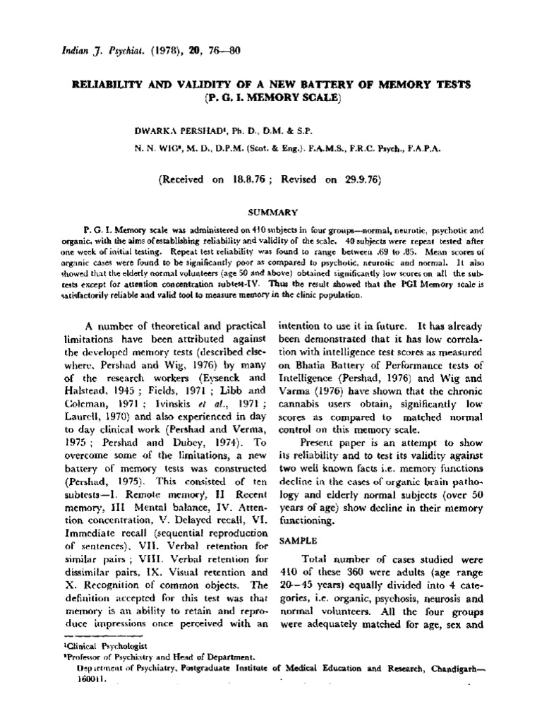 Validity and Reliability of PGI Memory Scale | PDF | Wechsler Adult ...