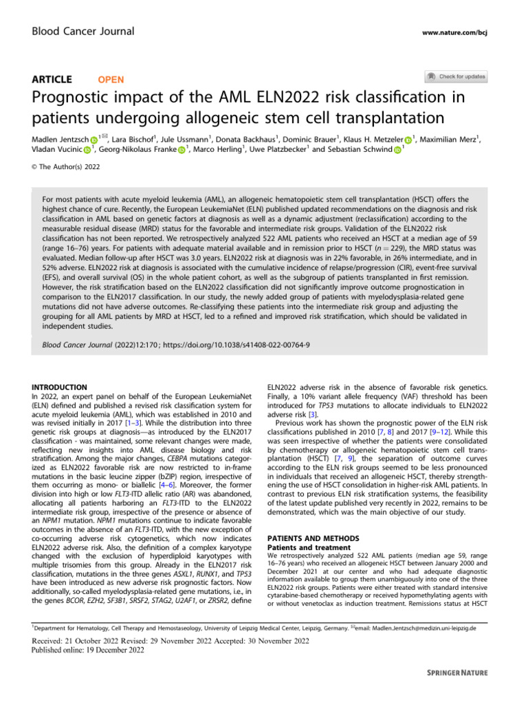 ELN2022 Risk Classification in AML HSCT | PDF | Hematopoietic Stem Cell ...