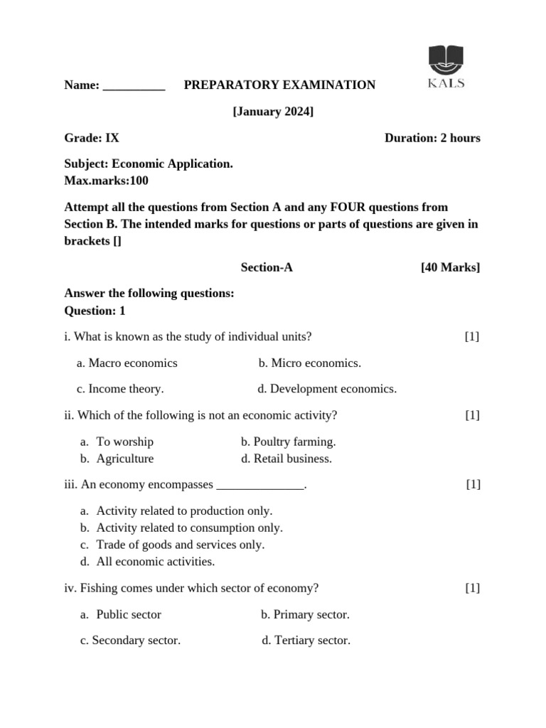 IX Grade Economic Application Exam 2024 | PDF | Economies | Economics