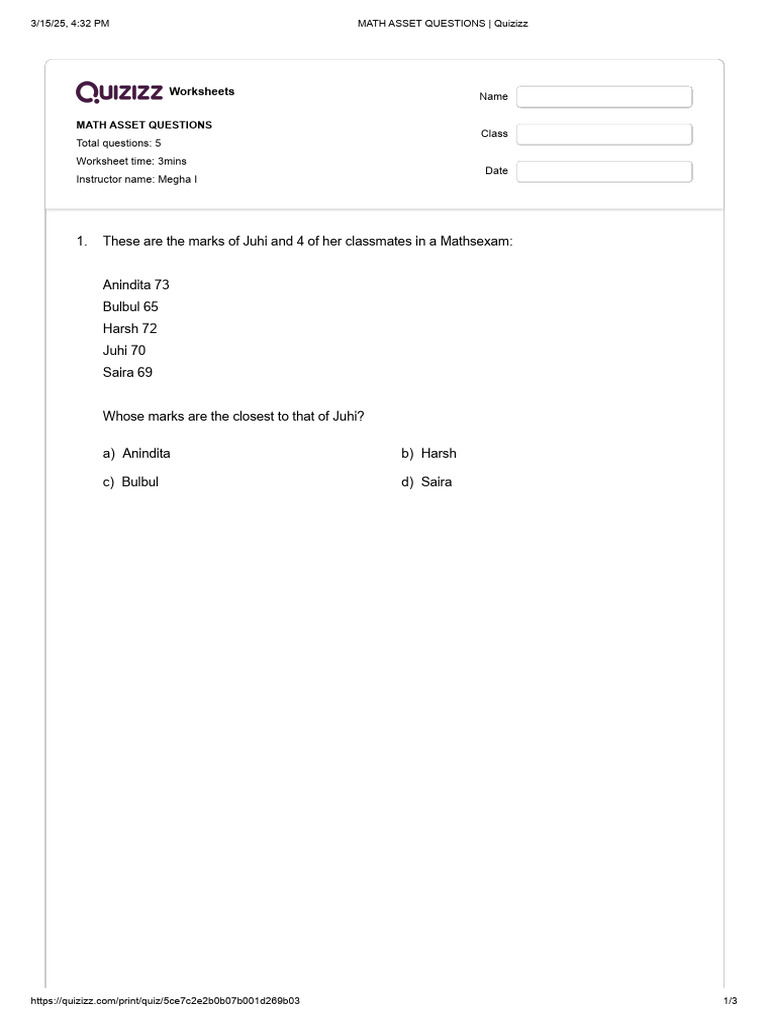 Math Asset Questions Quizizz Pdf