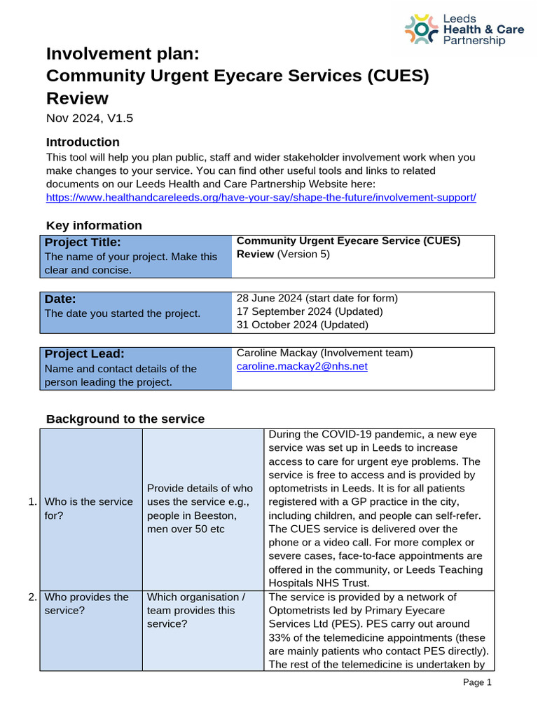CUES Draft Involvement Plan v1.5 | PDF | Optometry | Risk