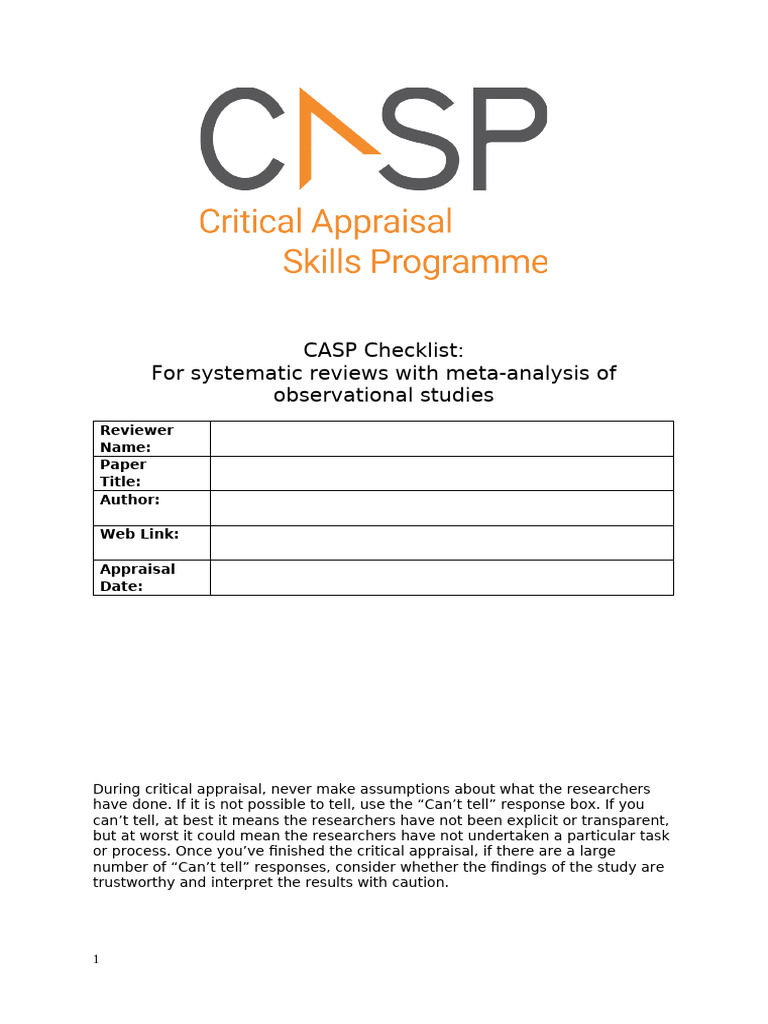 CASP Checklist for Systematic Reviews | PDF | Systematic Review | Meta ...
