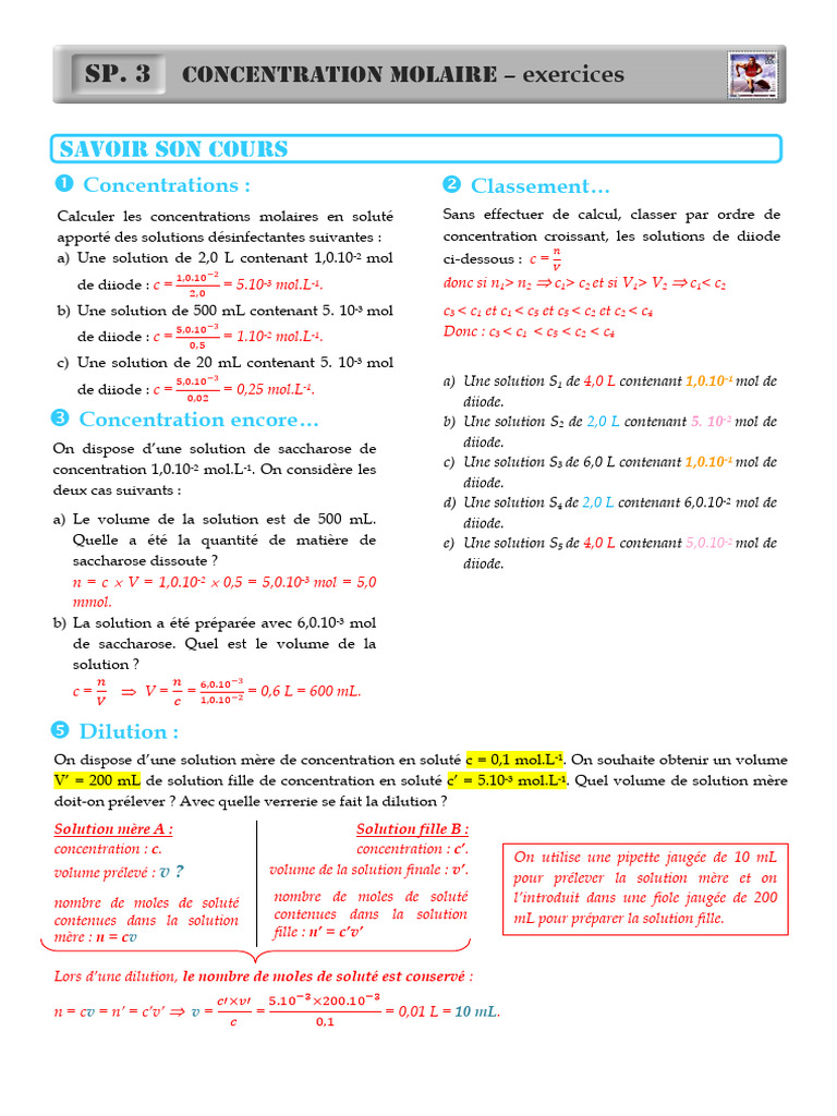 Calcul de la concentration molaire | PDF | Chimie analytique | Chimie ...