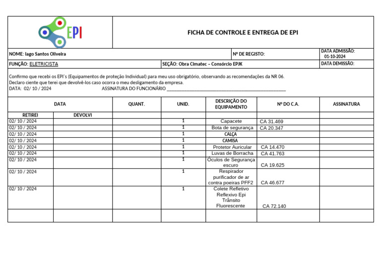 Controle de Entrega de EPI para Eletricista | PDF | Condições de ...