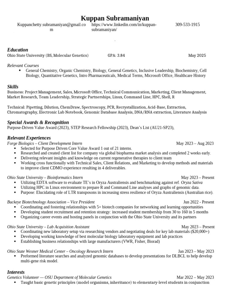 Kuppan+Subramaniyan+Resume+ Sample | PDF | Genomics | Bioinformatics
