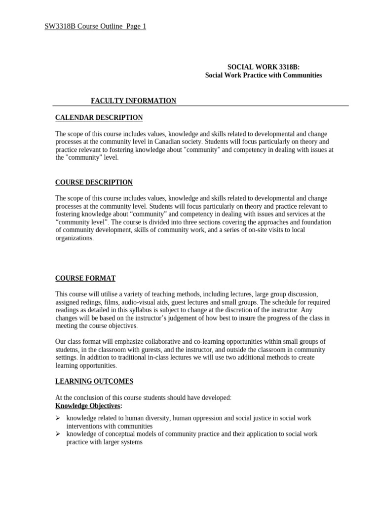 Social Work Wiith Community Syllabus | PDF | Lecture | Knowledge