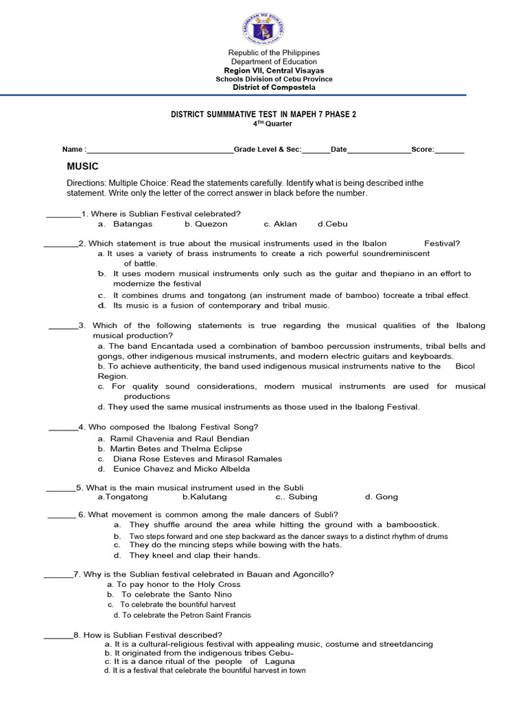 MAPEH 7 Summative Test: Music & Arts | PDF | Mental Disorder | Spectrum ...