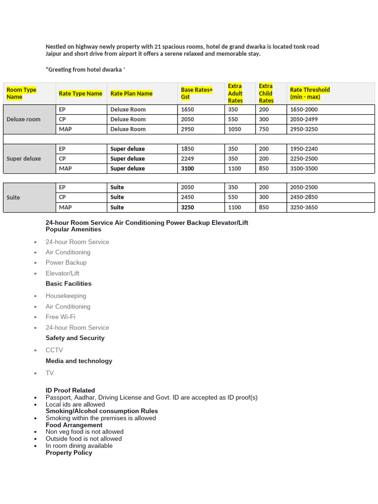 Hotel De Grand Dwarka Room Rates & Policies | PDF | Identity Document ...