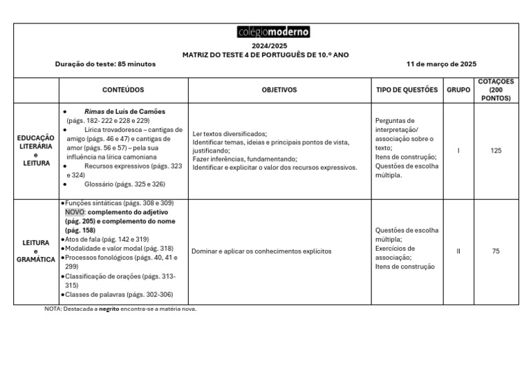Matriz do Teste de Português 10.º Ano | PDF | Linguística