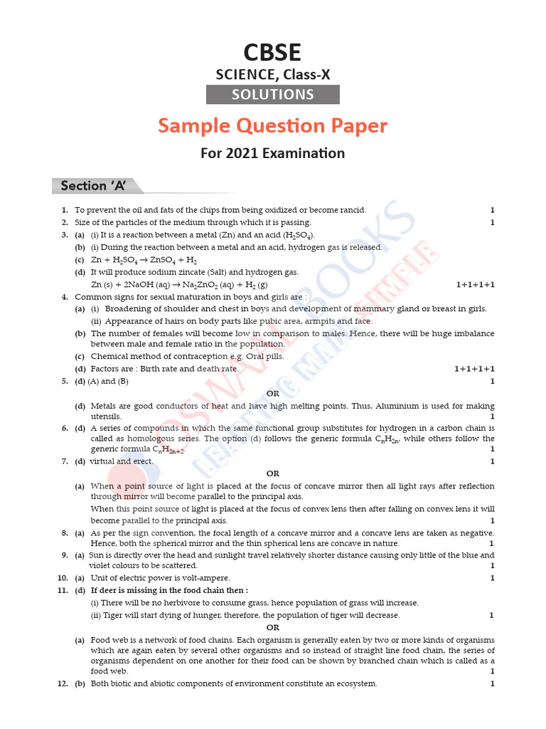 786sample Question Paper Solutions Science-10 | PDF | Photosynthesis ...