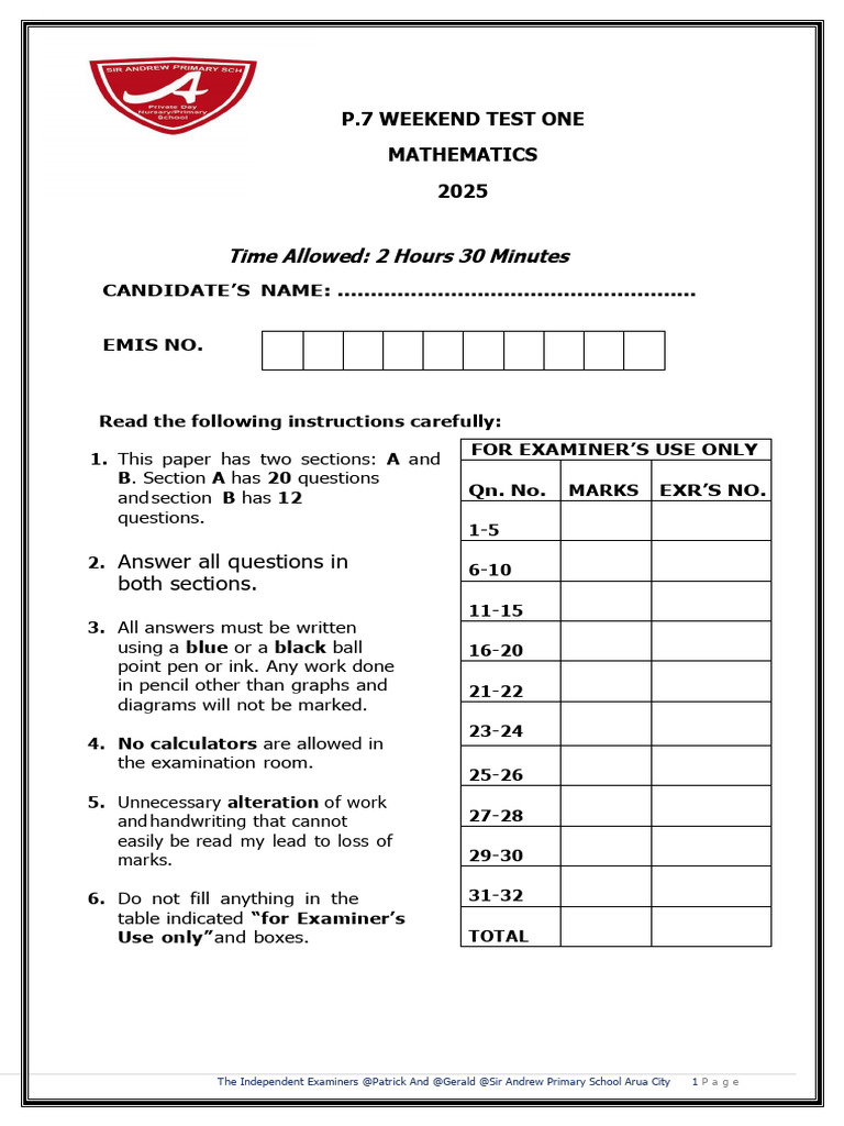 P7 Mathematics Weekend Test 2025 | PDF | Mathematics