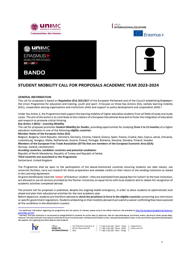 UNIMC Erasmus+ Traineeship Call 2023-2024 | PDF | Cost Of Living