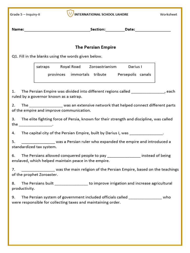 Persian Empire Worksheet for Grade 5 | PDF