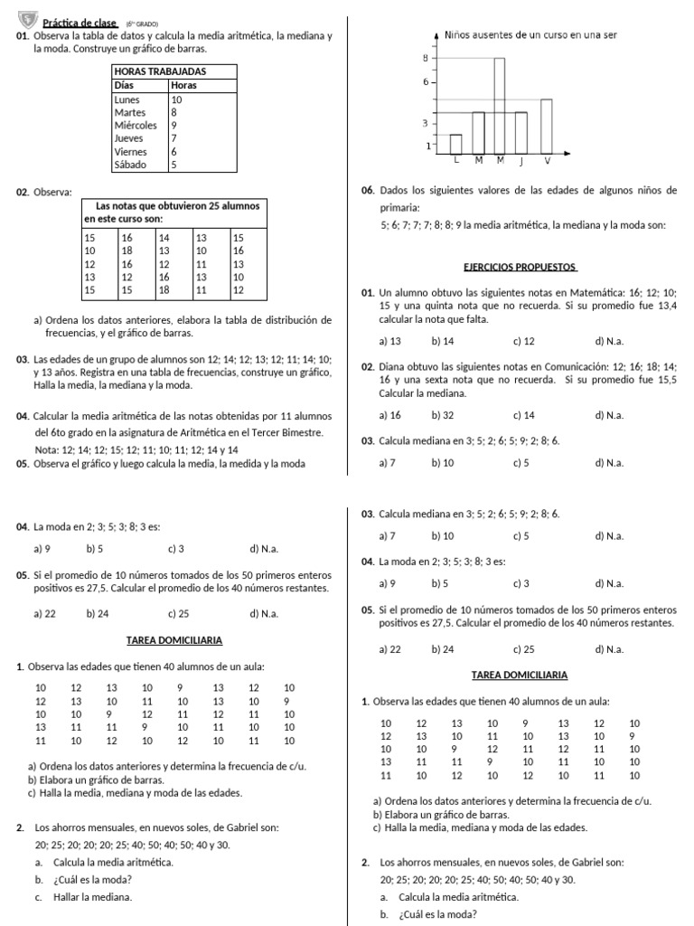 Ejercicios de Media y Moda 5to Primaria | PDF | Mediana | Significado ...