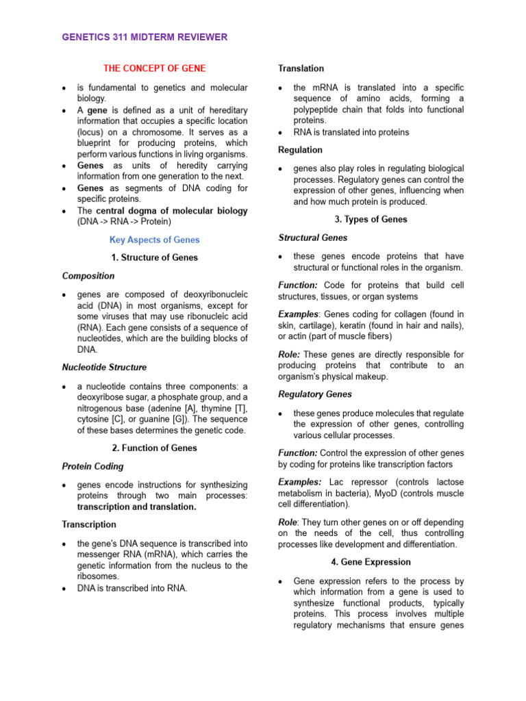 Genetics 311 Midterm Study Guide | PDF | Translation (Biology) | Gene