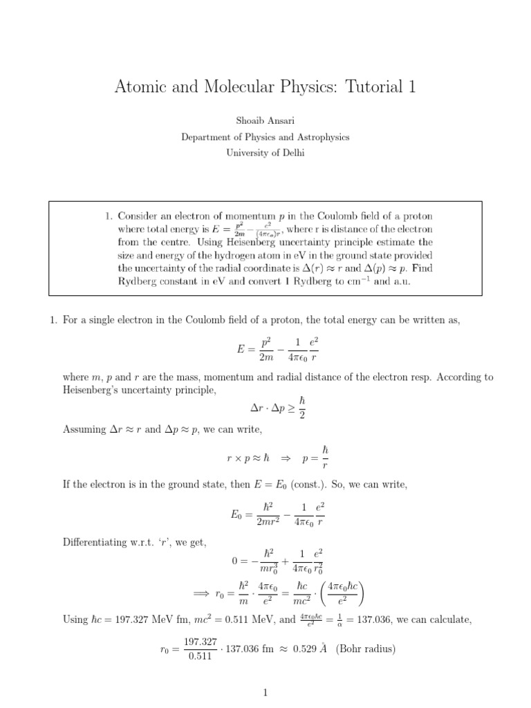 Atomic Physics Tutorial: Energy Calculations | PDF | Electronvolt ...