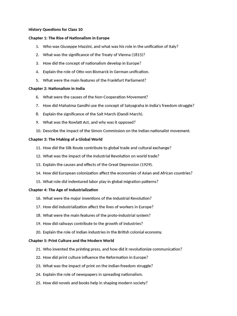 Class 10 History Key Questions | PDF