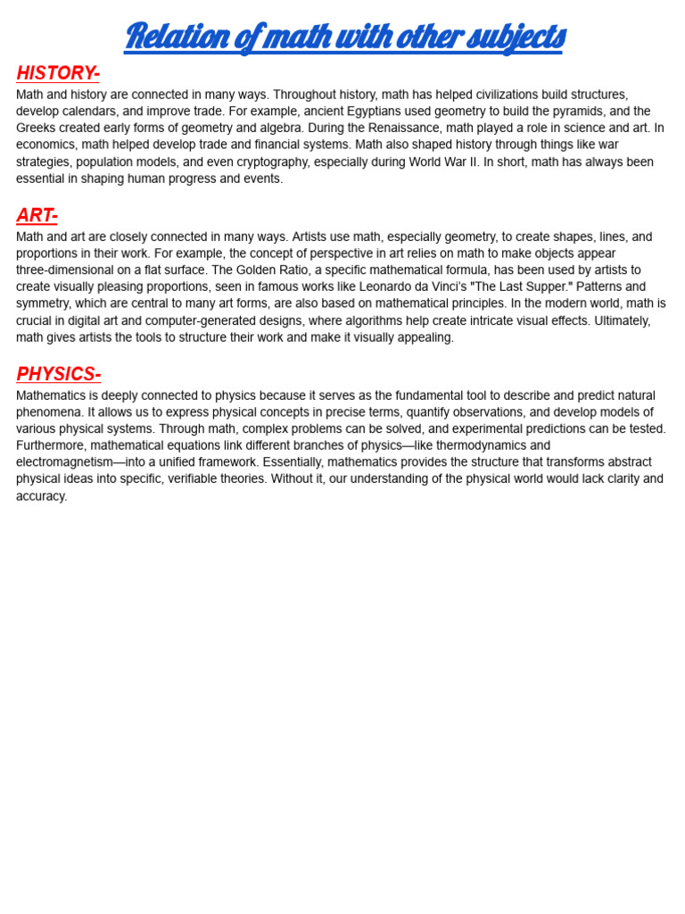 Math's Interconnection with History, Art, and Physics | PDF